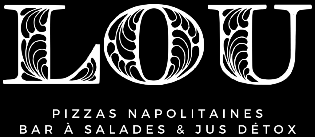 Logo noir et blanc de Lou, votre restaurant qui prépare de delicieuses pizzas et salades ainsi que de savoureux jus detox.
